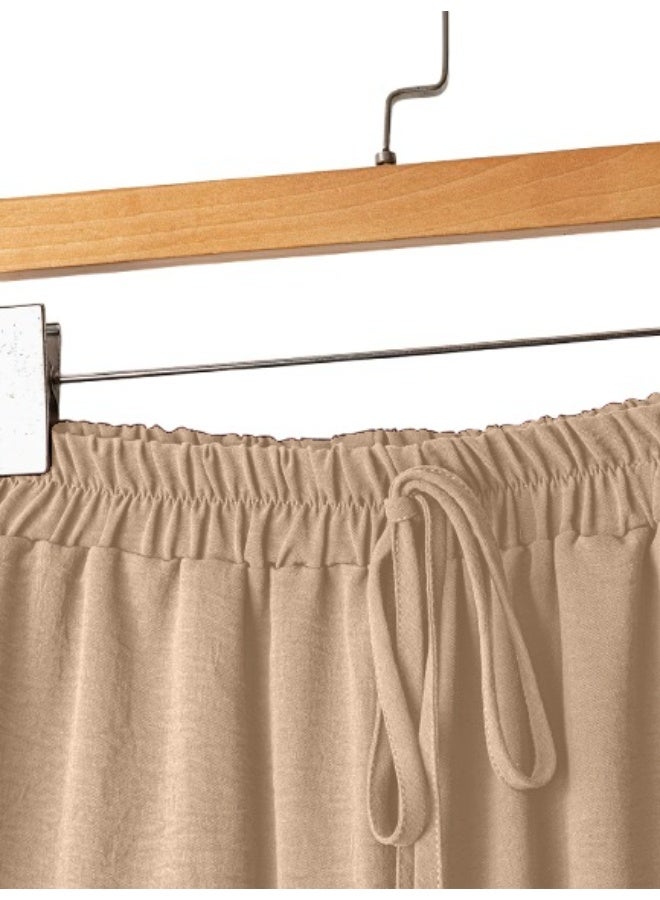 بنطلون نسائي واسع الساقين، بخصر مطاطي ورباط، مقاس حر، مناسب للارتداء اليومي. - Image 3